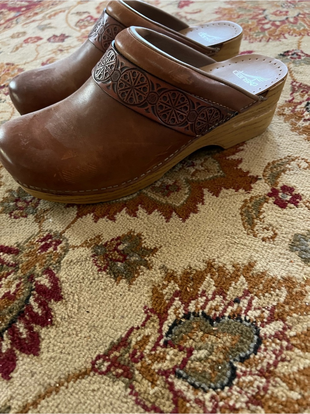 Dansko Brown Leather Embossed Strap Clogs